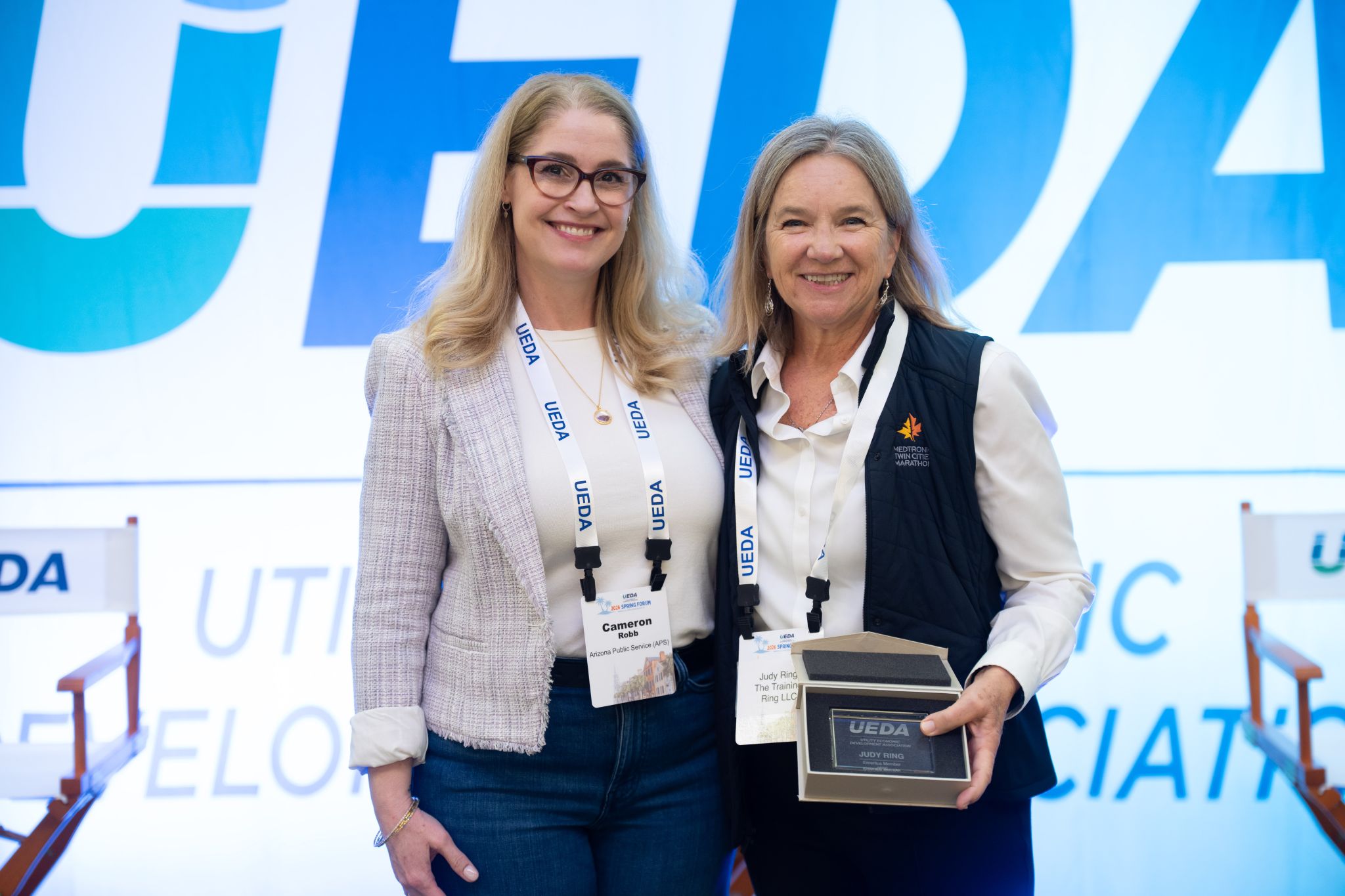 Judy Ring recognized as Emeritus Member of the Utility Economic Development Association at the 2026 Spring Forum, alongside Cameron Robb of Arizona Public Service